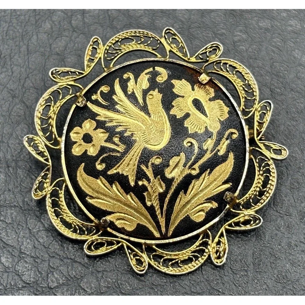Vintage Damascene Bird Black Enamel Flower Brooch Filigree Gold Tone
